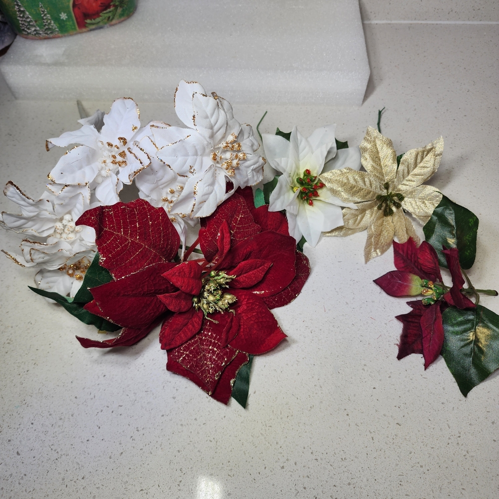 Vintage Lot Of 5 Red, White, and Gold Poinsettia Arrangement With Stems